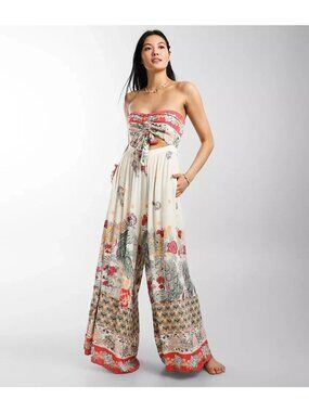 New Free People Jumpsuit XL Bali Birds Of Paradise Wide Leg Strapless Boho Beach